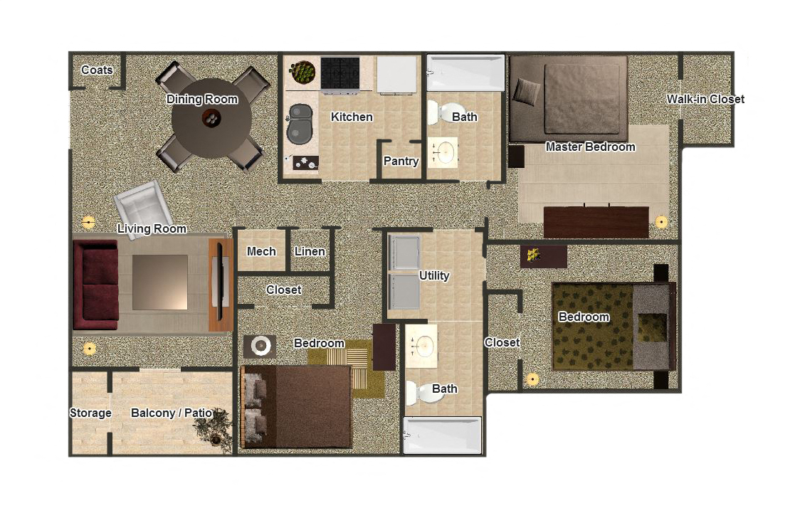 Three Bedroom Two Bathroom floor plan